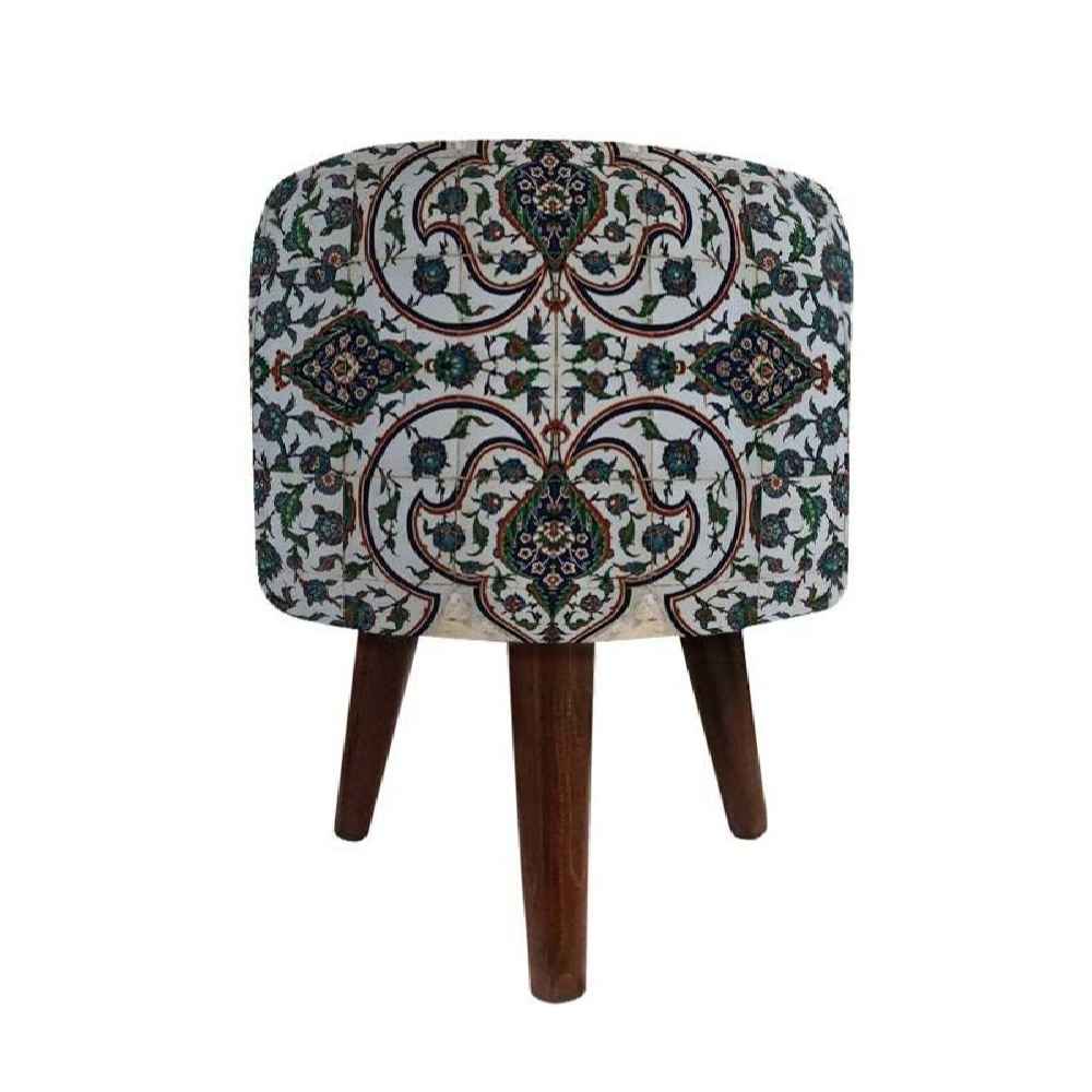 Round Velvet Footstool with Wooden Legs Inspired by Persian Art Gray Nazanin