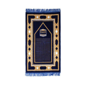 Islamic Prayer Rug Padded Blue Velvet Sajadah with Kaaba Design for Muslims