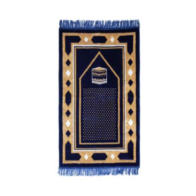 Islamic Prayer Rug Padded Blue Velvet Sajadah with Kaaba Design for Muslims