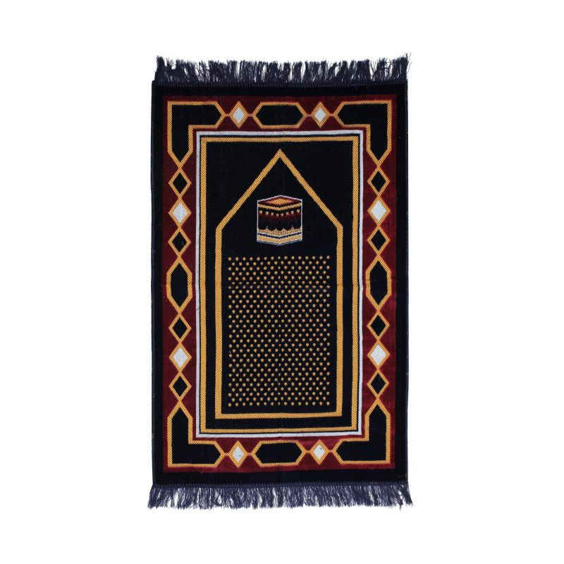 Islamic Prayer Rug Padded Blue Velvet Sajadah with Kaaba Design for Muslims