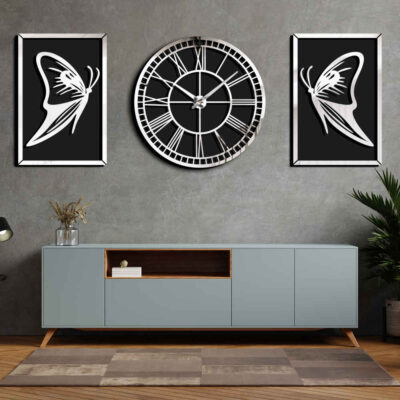 Modern 3-Piece Wooden Wall Clock Set with Butterfly Design – Persian-Inspired Decor for Bedrooms and Living Rooms
