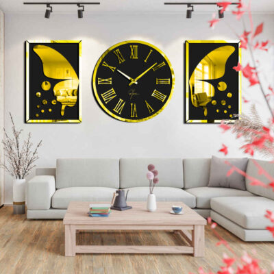 Modern 3-Piece Wooden Wall Clock Set with Butterfly Design – Persian-Inspired Decor for Bedrooms and Living Rooms