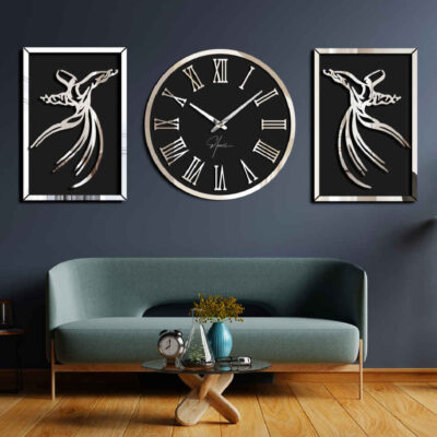 Modern 3-Piece Wooden Wall Clock Set with Sama Dance Design – Persian-Inspired Decor for Living Rooms