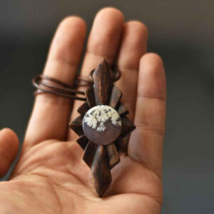 Carved Wood Pendant with Agate Gemstone Handcrafted Artistic Chakameh