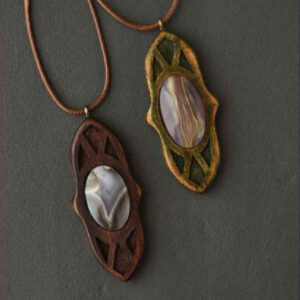 Carved Wood Pendant with Agate Gemstone Handcrafted Artistic Eslimi
