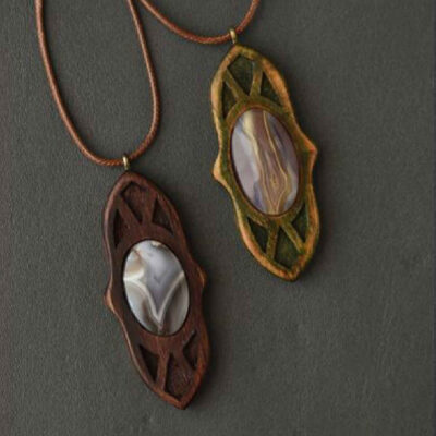 Hand-Carved Wood Pendant Necklace with Agate - Eslimi Design