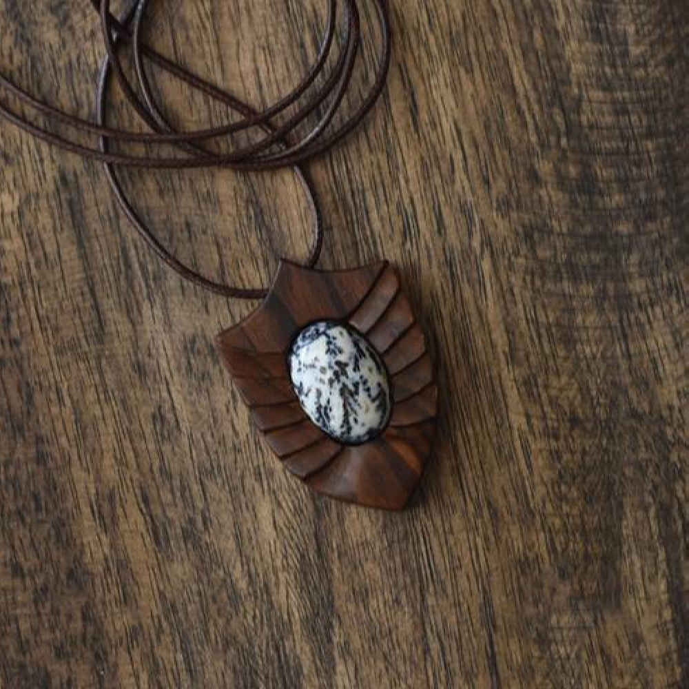 Carved Wood Pendant with Agate Gemstone Handcrafted Artistic Toranj