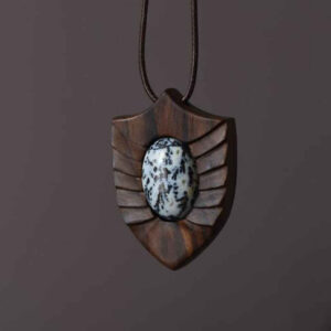 Carved Wood Pendant with Agate Gemstone Handcrafted Artistic Toranj