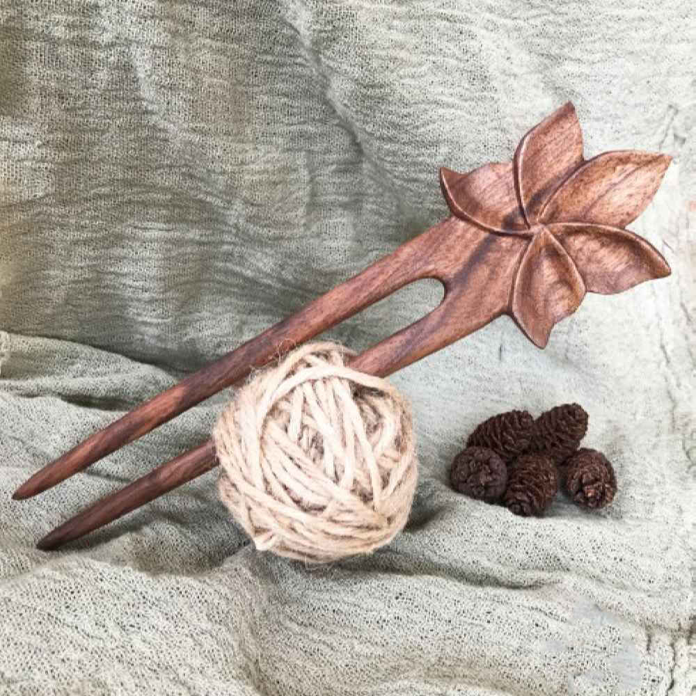 Large Handcrafted Wooden Hair Fork – Lotus Flower Series 02