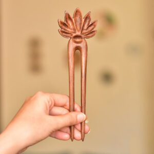 Large Handcrafted Wooden Hair Fork – Lotus Flower Bloom
