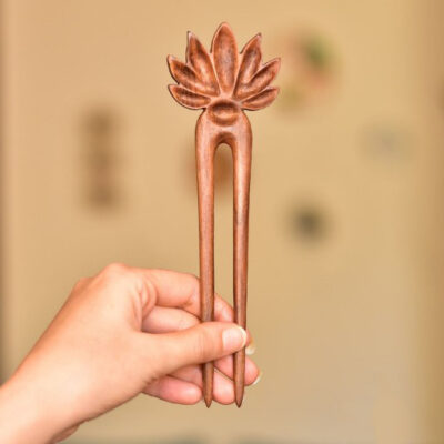 Large Handcrafted Wooden Hair Fork - Lotus Flower Bloom