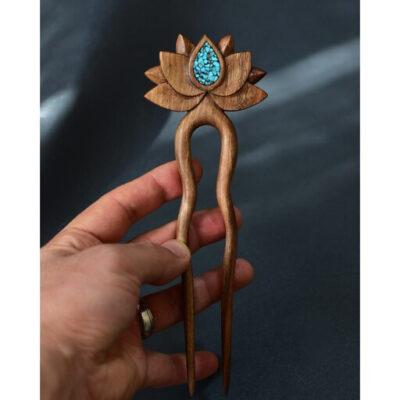 Wooden Hair Fork Handcrafted Matter Lotus Flower Design Large