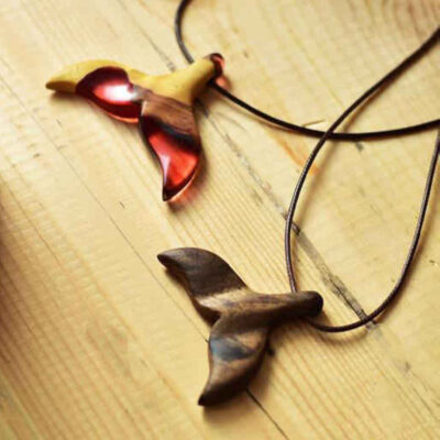 Set of 2 Hand-Carved Wood & Resin Pendant Necklaces - Dolphin Design