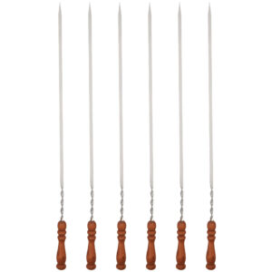 Set of Six Steel Skewers with Wooden Handle (60 cm) for Kebab and Grilling
