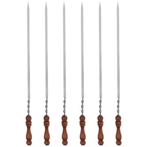 Set of Six Steel Skewers with Wooden Handle (63 cm) for Kebab and Grilling