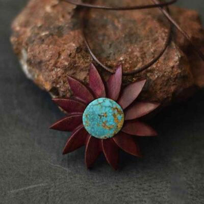 Hand-Carved Wood Pendant Necklace with Turquoise – Taban Abstract Design