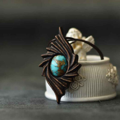 Hand-Carved Wood Pendant Necklace with Turquoise - Exir Abstract Design
