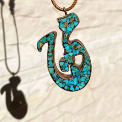 Handcrafted Wooden Pendant Necklace with Turquoise - Hich Persian Calligraphy