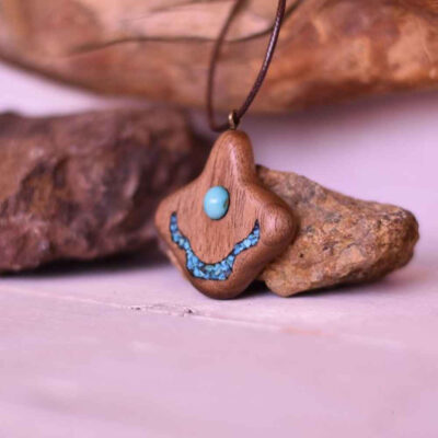 Hand-Carved Wood Pendant Necklace with Turquoise - Labkhand Abstract Design