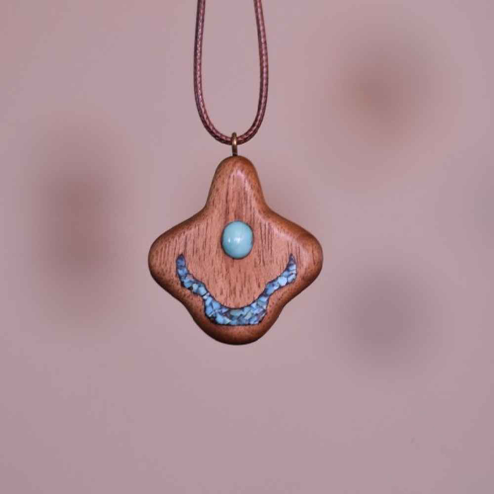 Carved Wood Pendant with Turquoise Gemstone Handcrafted Artistic Labkhand