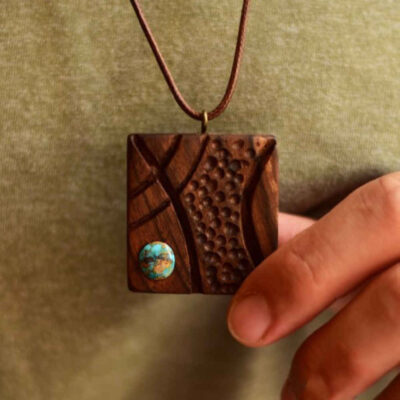 Hand-Carved Wood Pendant Necklace with Turquoise - Marcel Abstract Design