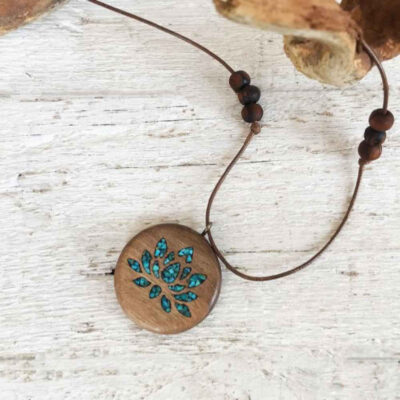 Handcrafted Wooden Pendant Necklace with Turquoise - Nastaran Floral Design