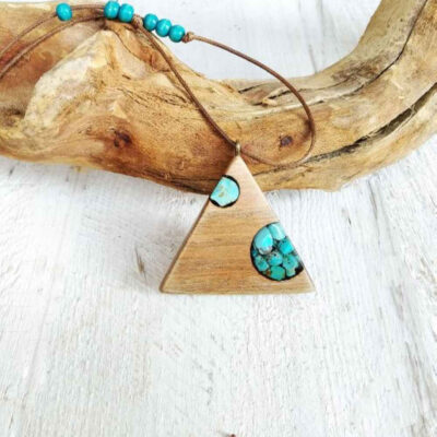 Handcrafted Wooden Pendant Necklace with Turquoise - Triangle Design