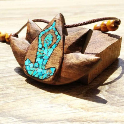 Handcrafted Wooden Pendant Necklace with Turquoise - Yoga Design