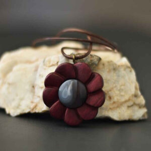 Carved Wood Pendant with Agate Gemstone Handcrafted Artistic Flower