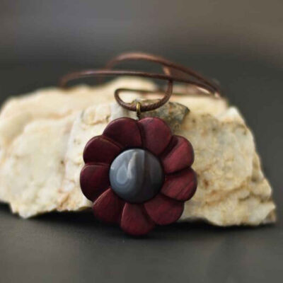 Hand-Carved Wood Pendant Necklace with Agate - Flower Design