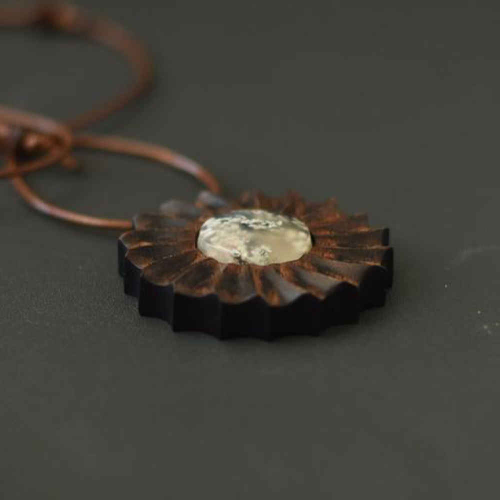 Carved Wood Pendant with Agate Gemstone Handcrafted Artistic Blossom