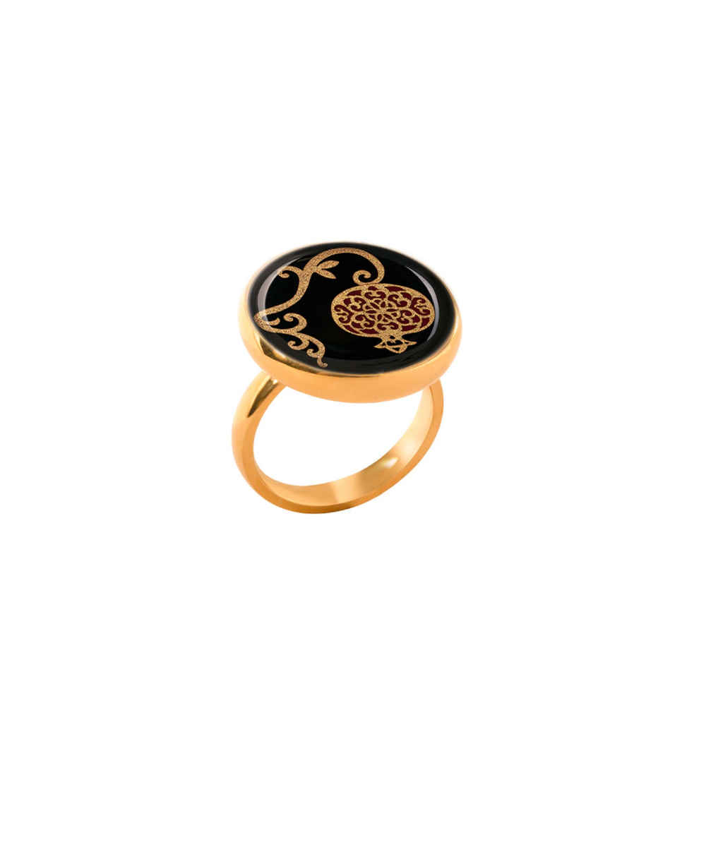 Steel Signet Ring with Agate Resin Covered and Gold Plated Pomegranate Symbol