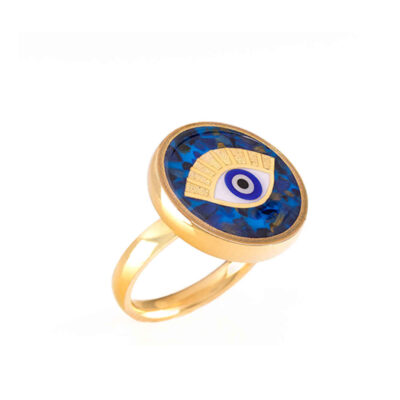 Lapis Lazuli Steel Signet Ring – Gold Plated Evil Eye Symbol, Resin Covered Gemstone, Heritage Design