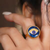 Steel Signet Ring with Lapis Resin Covered and Gold Plated Cheshm Symbol