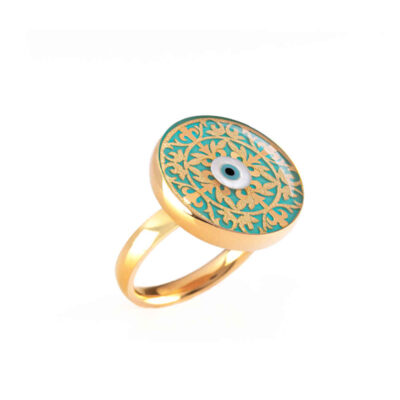 Turquoise Steel Signet Ring – Gold Plated Evil Eye Symbol, Resin Covered Gemstone, Heritage Design