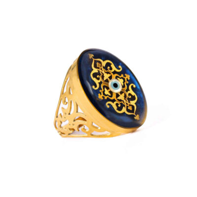Onyx Steel Signet Ring – Gold Plated Evil Eye Symbol, Resin Covered Gemstone, Heritage Design