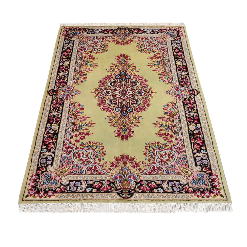 Hand-Knotted Persian Kerman Narenj Rug (Classical Floral Medallion) – Green Kork Wool