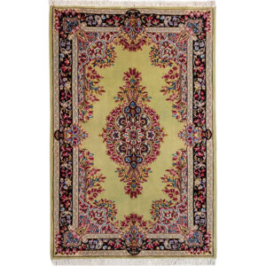 Hand-Knotted Persian Kerman Narenj Rug (Classical Floral Medallion) – Green Kork Wool