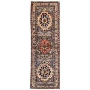Vintage Persian Ardabil Sevin Runner Rug (Tribal Geometric Medallion) – Cream Silk & Wool