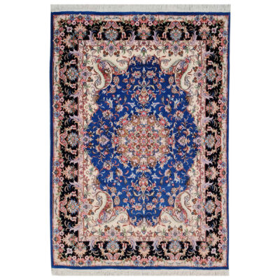 Hand-Knotted Persian Kashmar Yosra Rug (Traditional Floral Medallion) - Blue Wool