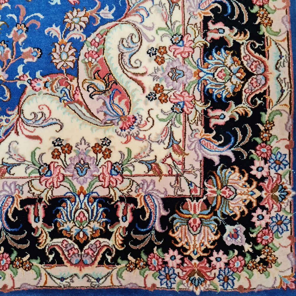 Hand-Knotted Persian Kashmar Yosra Rug (Traditional Floral Medallion) – Blue Wool