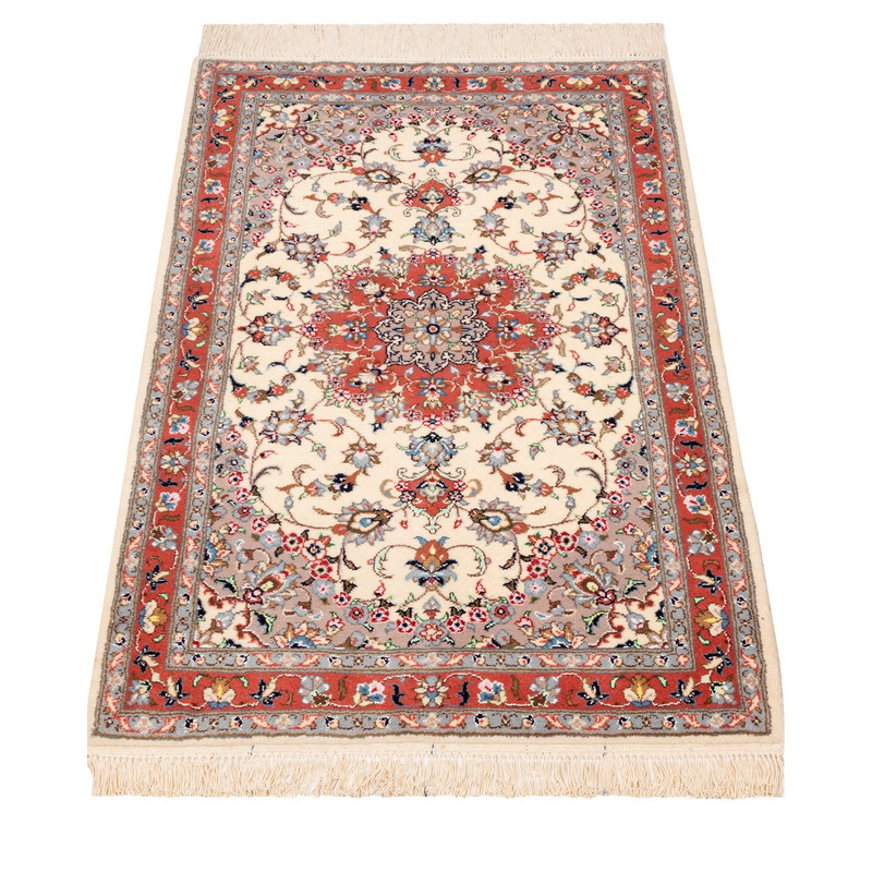 Hand-Knotted Persian Yazd Hoda Rug (Classical Floral Medallion) – Cream Silk & Wool