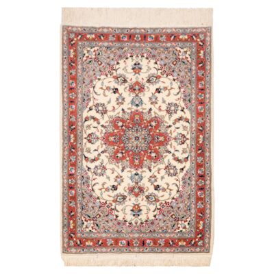 Hand-Knotted Persian Yazd Hoda Rug (Classical Floral Medallion) - Cream Silk & Wool