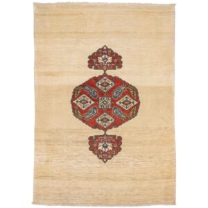 Authentic Hand-Knotted Persian Gabbeh Rug – Geometric Riz Mahi Design in Cream Wool