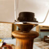 Handcrafted Minimalist Urn-Shaped Wooden Table Lamp with Velvet Shade