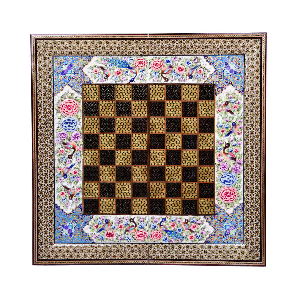Handcrafted Persian Chakavak Floral Wooden Marquetry Chess Board