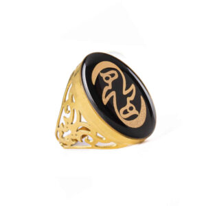 Steel Signet Ring with Onyx Resin Covered and Gold Plated Hich Calligraphy