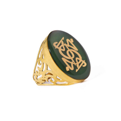 Garnet Steel Signet Ring – Gold Plated Khoda Calligraphy, Resin Covered Gemstone, Heritage Design