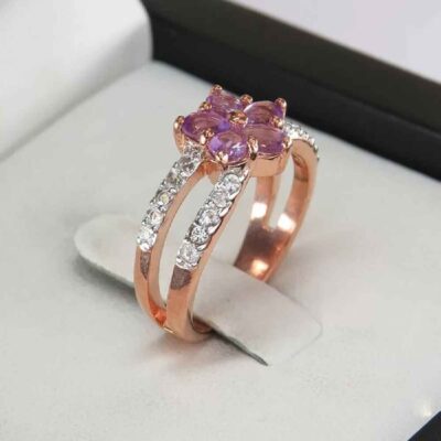 Purple Amethyst Silver Gemstone Ring for Women – Flower Design, Bohemian Style