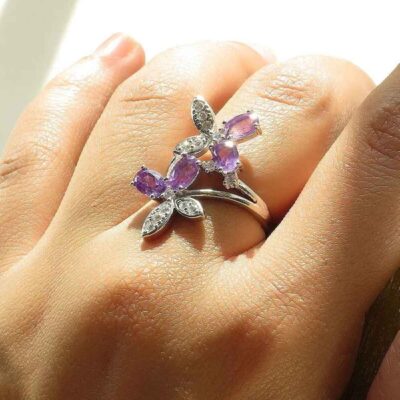 Purple Amethyst Silver Gemstone Ring for Women – Butterfly Design, Bohemian Style